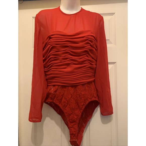 Vintage 80s A.J. Bari Red lace bodysuit blouse Leotard size 10 - Picture 1 of 7